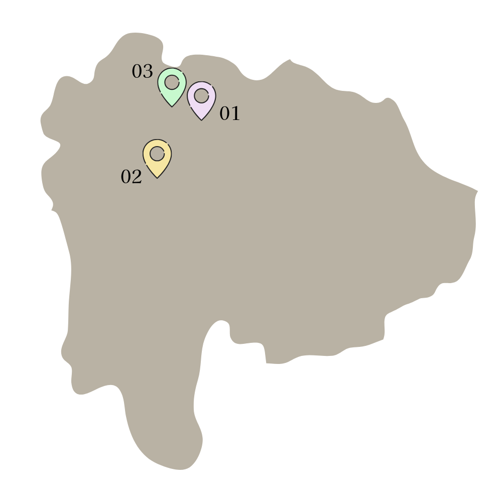 山梨県の地図 - 3つの施設の場所を示すイラストマップ